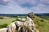 Rocky landscape near Thale, landscape, meadows, fields, clouds, East Harz, Saxony-Anhalt, Germany
