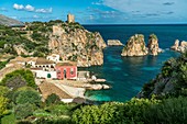 Swimming bay and museum between cliffs, Tonnara of  Scopello, Sicily, Italy, Europe