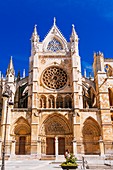 León's gothic Cathedral, also called The House of Light or the Pulchra Leonina. South facade. French Way, Way of St. James. León, Castilla y León, Spain, Europe