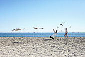 Seagulls and woman on Santa Barbara Beach, California, USA.