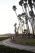 Boardwalk with palm trees on Santa Barbara Beach in the evening, California, USA.