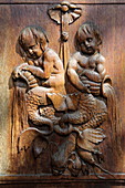 Carving on the entrance door to the fountain keeper's house, Augsburg, Swabia, Bavaria, Germany