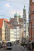Perlachturm und Fassade des Rathaus, vom Dom aus gesehen, Augsburg, Schwaben, Bayern, Deutschland