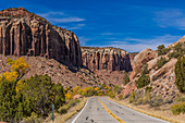 Utah SR 211 winding through the canyons of Indian Creek, along the Indian Creek Corridor Scenic Byway, in Indian Creek National Monument, formerly part of Bears Ears National Monument, on the way to the Needles District of Canyonlands National Park in southern Utah, USA