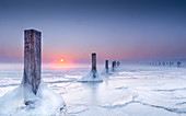 Eisiger Wintermorgen in verlassener Marina, Holzpfosten im gefrorenem See bei Sonnenaufgang, Seeshaupt,  Starnberger See, Bayern, Deutschland