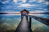 Boathouse at sunset on Ammersee, Stegen, Bavaria, Germany