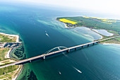 Fehmarnsund Bridge from the air with a view of Großenbroder ferry, Baltic Sea, East Holstein, Schleswig-Holstein, Germany