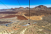 View from gondola to cable car valley station (Teleferico) on the slope of Teide volcano in Teide National Park, Tenerife, Spain