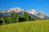Wettersteingebirge mit Alpspitze und Zugspitze, Werdenfelser Land, Werdenfels, Bayerische Alpen, Oberbayern, Bayern, Deutschland