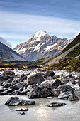 View of Mount Cook in Aoraki Mount Cook National Park in Canterbury, New Zealand.
