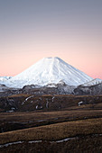 Sunset at Mount Ngauruhoe in the Taupo District, Tongariro National Park in New Zealand.