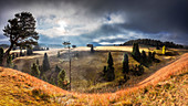 Die Sonne bricht aus dem Nebel und erhellt die Herbstfarben, Seiser Alm, Dolomiten, Provinz Bozen, Südtirol, Südtirol, Italien, Europa