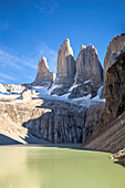 Chile,Patagonia,Magallanes and Chilean Antarctica Region,Ultima Esperanza Province,Torres del Paine National Park,the granite towers of Torres del Paine and the glacial lake