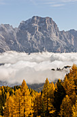 Italien, Venetien, Provinz Belluno, das von Wolken bedeckte Valle de Boite mit dem Berg Sorapiss im Hintergrund
