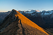 Tonale mount panorama at sunset with Presanella mount in background. Tonale pass, Valcamonica valley, Brescia district, Lombardy, Italy, Europe. 