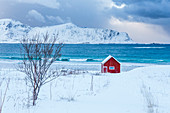 A typical house of fishermen on the snowy Ramberg beach, Lofoten Islands, Norway