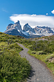 Footpath leading to Mirador Cuernos, with Paine Horns in the background in summer. Torres del Paine National Park, Ultima Esperanza province, Magallanes region, Chile.