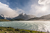 Lake Nordenskjold and Paine Horns shot from the trail to Mirador Cuernos. Torres del Paine National Park, Ultima Esperanza province, Chile.