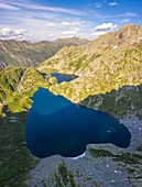 Aerial view of the lakes around Naret, in particular Lago Superiore and Lago del Sassolo in Lavizzara Valley at sunrise, Maggia Valley, Lepontine Alps, Canton Ticino, Switzerland.