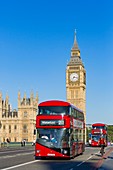 Vereinigtes Königreich, London, Bezirk Westminster, Westminster Bridge, der Glockenturm des Westminsterpalasts (Palace of Westminster) oder Elizabeth Tower mit der berühmten Big Ben Glocke, rote Doppeldeckerbusse