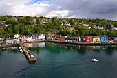 United Kingdom, Scotland, Highland, Inner Hebrides, Argyll and Bute, Isle of Mull, the main town Tobermory and its harbour (aerial view)