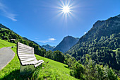 Observation bench with a view of the Lechquellen Mountains, Großes Walsertal Biosphere Reserve, Bregenz Forest Mountains, Bregenzerwald, Vorarlberg, Austria