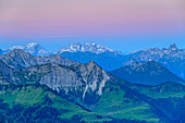 View of Rätikon with Sulzfluh, Drusenfluh and Zimba at the blue hour, from the Zafernhorn, Großes Walsertal Biosphere Reserve, Bregenzerwald Mountains, Bregenzerwald, Vorarlberg, Austria