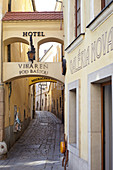 Narrow streets in the old town of Bratislava, Slovakia.