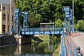 The lift bridge in Plau am See was built in 1916 and it is lifted up on larger ships, Mecklenburg-Western Pomerania, Germany