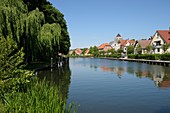 Houses on the river Elde in Plau am See, Mecklenburg-Western Pomerania, Germany