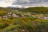 View from Prinz Rupprecht Pavilion on Streitberg in autumn in the evening light, Upper Franconia, Bavaria, Germany