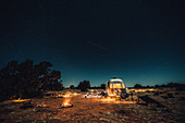 Illuminated Airstream at night in Williams, Flagstaff, Grand Canyon, Arizona, USA, North America