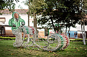 Christmas sleigh made from plastic bottles in Parque Principal, Barichara, Departmento de Santander, Colombia, South America