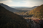 View from Kunstmühlefels to Bad Urach, Reutlingen district, Swabian Alb, Baden-Wuerttemberg, Germany, Europe
