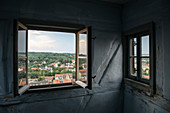 View through window from St Wenzel's tower to Naumburg an der Saale, Saxony-Anhalt, Germany, Europe