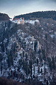 Wildenstein Castle perched on a rock in the Upper Danube Valley Nature Park near Sigmaringen in winter, Swabian Alb, Baden-Wuerttemberg, Germany, Europe