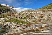 Gebänderter Fels im Gletscherschliffgelände unter Hoher Zaun und Schwarze Wand, Venedigergruppe, Nationalpark Hohe Tauern, Osttirol, Österreich