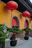 Lion stone guardians and red lanterns in front of the Jade Buddha Temple, a Buddhist temple in Shanghai, China.