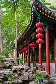 A pavilion with red lanterns at the Bai Jia Da Yuan Restaurant in Beijing, China.