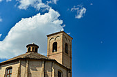 Old stone church with tower in Jesi, Ancona province, Italy