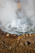 Dampf steigt aus sprudelnden heißen Quellen im geothermischen Becken von El Tatio Geysers bei San Pedro de Atacama in der Atacama-Wüste im Norden Chiles auf.