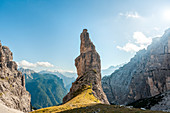Campanile di Val Montanaia, iconic steeple of the Friulian Dolomites, Cimolais, Pordenone, Friuli Venezia Giulia, Italy