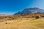 Alta Badia, Bolzano province, South Tyrol, Italy, Europe. Autumn on the Armentara meadows, above the moantains of the Neuner, Zehner and Heiligkreuzkofel