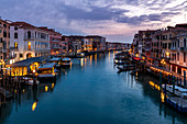 Grand Canal at dusk during Coronavirus. Rialto, Venice, Veneto, Italy, Europe.