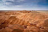 The orange rocks of Bayan Zag, commonly known as the Flaming Cliffs in the Gobi desert, Mongolia where important dinosaur fossils were found, Mongolia, Mongolian, Asia, Asian.