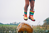 Die Füße eines Kindes in gestreiften Gummistiefeln springen über einen Kürbis auf einem Feld.
