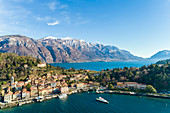 Aerial view across Lake Como, Lombardy, Italy, with the town of Como in the foreground.