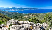 France, Corse-du Sud (2A), Rocca region, Mare e Monti Sud hiking trail, between Olmeto and Porto Pollo, view over the Gulf of Valinco and Propriano