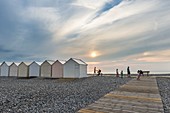 France, Somme, Cayeux-sur-Mer, the boardwalk lined with 400 colorful cabins and 2 km long
