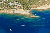 France, Bouches du Rhone, La Cote Bleue, Ensues la Redonne, Calanque des Anthenors (aerial view)